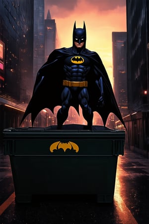 A dark and gritty cityscape at sunset with towering skyscrapers and neon lights reflecting off wet asphalt. Batman perched atop a dumpster, his cape fluttering in the wind, gazing out over the Gotham City streets with intense determination. His eyes narrow as he surveys the crime-ridden landscape.