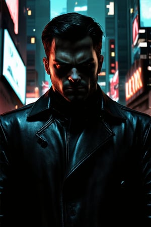 A brooding dark hero emerges from the shadows, his piercing gaze illuminated only by the faint glow of city lights reflecting off his rugged features. He stands tall, dressed in a black leather trench coat, against a backdrop of towering skyscrapers and neon-lit billboards, the darkness of the night accentuating his mysterious aura.