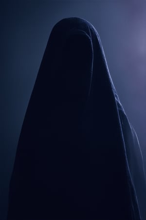 A hauntingly beautiful scene: a figure shrouded in darkness, illuminated only by a soft, warm glow emanating from behind. The subject's features are obscured, yet their delicate beauty is accentuated by the stark contrast. A mysterious, velvety blackness surrounds them, punctuated by hints of indigo and purple hues. The air is heavy with secrets.