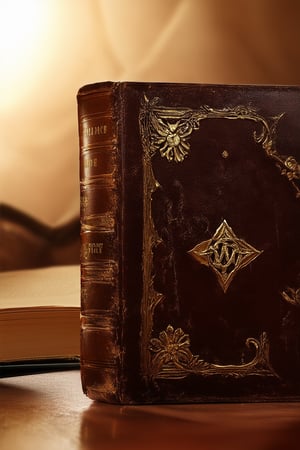 A cinematic close-up on a worn, leather-bound book cover, adorned with golden filigree and mysterious symbols, set against a warm, dimly lit study background. The cover's rich brown hue is illuminated by a soft, golden glow, casting a nostalgic ambiance.