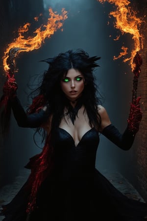 A sultry sorceress emerges from a darkened alleyway, her piercing green eyes glowing like embers as she summons forth a swirling vortex of fiery sparks. Her raven tresses cascading down her back like a waterfall of night, she poses with one hand grasping a crimson-embellished staff, the other beckoning passersby to succumb to her wicked charms.