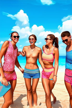 A warm sunny day with bright blue skies and fluffy white clouds, a picturesque beachside scene where a group of friends are having a blast playing beach volleyball in matching summer outfits, with sunglasses on and smiles on their faces as they soak up the sun and laughter.