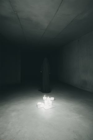 A dimly lit, rectangular room with concrete walls and a low ceiling. The air is thick with fog, obscuring most of the space. A lone figure stands in the center, shrouded in darkness. Their features are indistinguishable, as if consumed by the shadows. The only source of light is a faint, flickering glow emanating from a single candle on the floor, casting eerie silhouettes on the walls.