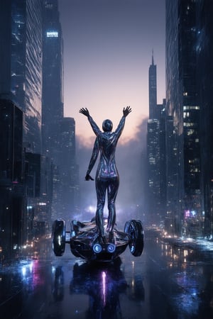 A futuristic cityscape at dusk, with towering holographic structures piercing the smog-filled sky. In the center, a lone figure in a sleek jumpsuit, Holo Dyss, stands atop a gleaming hoverbike, arms outstretched as if embracing the city's neon-drenched landscape. The bike's headlights cast an ethereal glow on Holo's face, her eyes shining like stars amidst the urban sprawl.