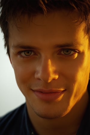 A close-up shot of Jero's face, with warm golden light illuminating his features. He wears a gentle smile as he looks directly into the camera lens. His eyes sparkle with a hint of mischief, and his skin has a subtle sheen from the soft lighting. The framing is tight, focusing solely on Jero's expression, conveying a sense of intimacy and trust.