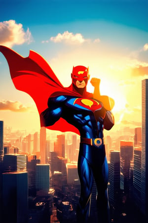 Vibrant cityscape at sunset: A radiant Marvel logo emblazoned on a gleaming skyscraper, illuminated by warm golden light. The building's sleek, modern design is set against a bright blue sky with wispy clouds. In the foreground, a superhero pose in front of the logo, fists clenched and cape flowing behind, bathed in an intense spotlight.