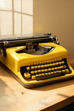 A close-up shot of a vintage yellow typewriter on a worn wooden desk against a warm beige wall. The lighting is soft and diffused, with a hint of golden glow from the afternoon sun streaming through the window. The camera frames the typewriter's intricate mechanisms and bright yellow keys, while the surrounding environment adds a touch of nostalgia and simplicity.