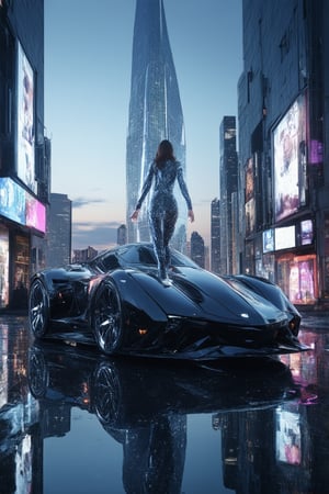 A futuristic cityscape at dusk, with a gleaming silver skyscraper piercing the sky like a shard of light. In the foreground, a sleek black hovercar zooms by, its neon lights reflecting off the wet pavement. Amidst the urban bustle, a lone figure in a shimmering jumpsuit stands tall, arms outstretched, as if embracing the radiant energy emanating from the holo displays that envelop her like a halo.