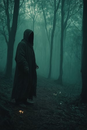 A cinematic image of a dimly lit, mysterious forest, shrouded in logical darkness. The camera frames a lone figure, dressed in tattered robes, standing at the edge of a clearing, illuminated by the faint glow of luminescent mushrooms. The subject's face is obscured by shadows, while their pose conveys an air of contemplation amidst the eerie atmosphere.