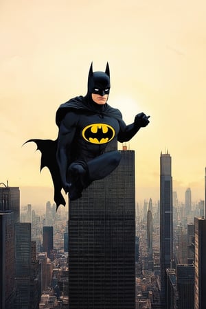 A dark and gritty cityscape at sunset with the iconic Batman logo emblazoned on a skyscraper's side, as The Dark Knight perches atop a Gotham City rooftop, cape fluttering in the wind, eyes scanning the streets below for signs of crime, night descending like a shroud over the metropolis.