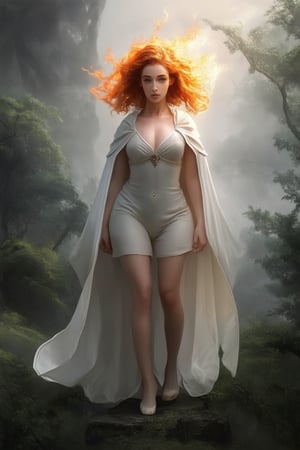 A stunningly beautiful young woman posing heroically in a misty dawn landscape, with a radiant golden glow illuminating her porcelain skin and fiery locks. She wears a flowing white cloak billowing behind her like a cape, as she stands victorious atop a ancient stone pedestal, surrounded by lush greenery and wispy fog.