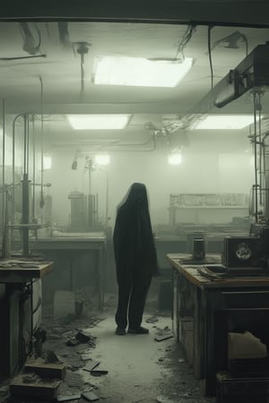 A dimly lit, abandoned laboratory scene: a single, flickering fluorescent light overhead casts eerie shadows on worn wooden counters and rusted equipment. In the center, a lone figure, shrouded in darkness, stands motionless amidst scattered test tubes and broken machinery.