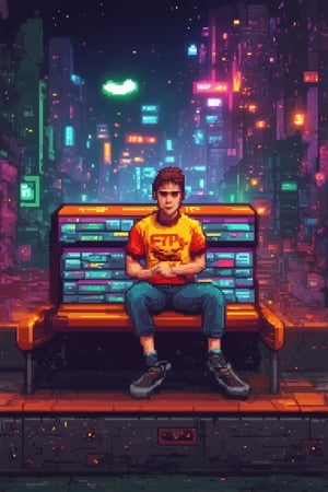 A gamer art character in a vibrant, neon-lit cityscape at dusk. Framed by a retro arcade's pixelated logo, a cool gamer sits cross-legged on a graffiti-covered bench, surrounded by stacks of worn-out game cartridges and scattered controller parts. Flickering streetlights cast a warm glow on their determined face, eyes fixed intently on the screen as they play through a thrilling level.