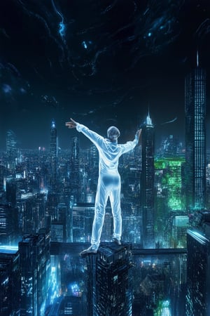 A futuristic cityscape at dusk, with holographic projections dancing across the skyline. A lone figure, dressed in a sleek white jumpsuit, stands atop a skyscraper's rooftop, arms outstretched as if embracing the swirling lights. Neon hues of blue and green illuminate the scene, casting an otherworldly glow.