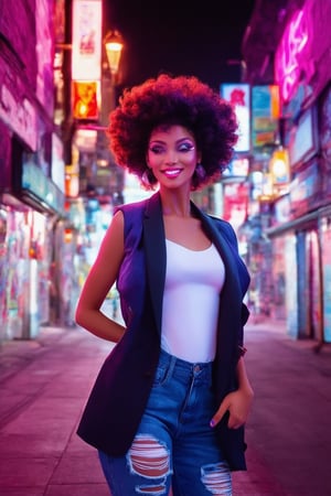 A gleaming, neon-lit cityscape serves as the backdrop for a vision of 80s beauty. A statuesque model, adorned in big hair and bold makeup, strikes a pose against a vibrant, graffiti-covered wall. She's dressed to impress in a fitted, shoulder-padded blazer and high-waisted, ripped jeans. The soft focus lens captures her radiant smile, while the warm glow of streetlights and neon signs illuminate her confident stance.