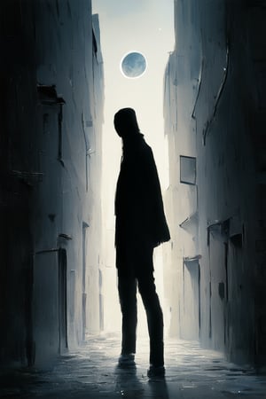 A mysterious figure stands alone in a dimly lit alleyway, surrounded by towering shadows. The only source of light is a faint moon glowing through the narrow gaps between the buildings. The subject's face is obscured, but their elegant attire and poised posture convey an air of sophistication amidst the darkness.