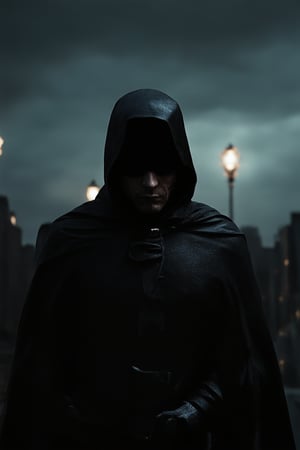 Close-up shot of a brooding, mysterious figure standing in front of a dark, stormy cityscape at dusk. The lighting is dimly lit with only a few flickering streetlights illuminating the scene. The subject's face is obscured by shadows, but their piercing eyes seem to bore into the soul. A dark cape flows behind them like a dark cloud, as they gaze out into the darkness.