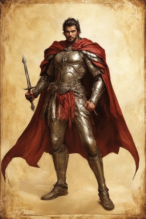 A vintage-inspired illustration of a mythical legend, set against a warm golden-hued background with subtle texture and worn edges, reminiscent of ancient tomes. A regal figure stands center-frame, dressed in ornate armor and flowing cape, with a mighty sword at the ready. The hero's face is strong-jawed and determined, with a fierce gleam in their eye, as they confront the viewer directly.