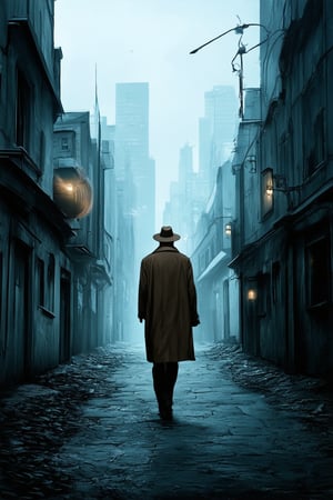 A surreal cityscape at dusk, with buildings dissolving into misty fog, as a lone figure in a fedora and trench coat walks down a deserted alleyway, the only sound being the distant hum of a gramophone, as if trapped in an Acient Dream.