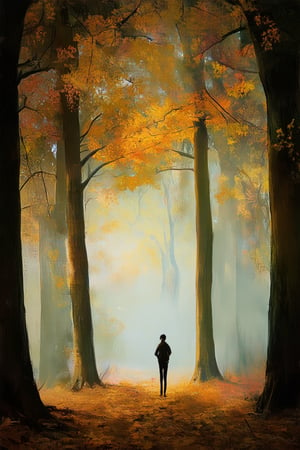 A warm, golden light casts a cozy glow on a crisp autumn afternoon. A gentle mist wraps around the base of towering trees, their leaves ablaze with vibrant oranges and yellows. A lone figure stands at the edge of the forest, hands buried in pockets as they gaze out upon the rustling foliage.