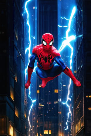 A vibrant, electric blue glow illuminates the darkened cityscape as Spider-Man, dressed in his iconic red and blue suit, swings into action. The bright lights of Marvel Comics' logo emblazoned on the side of a skyscraper serve as a beacon, casting a warm glow over the bustling streets.