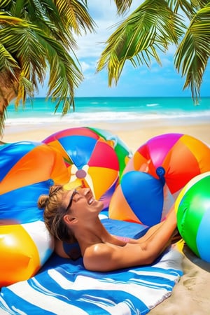 A warm summer afternoon, sunlight filtering through palm trees, casting a golden glow on a smiling woman lounging on a beach towel, surrounded by colorful beach balls and inflatables. Her hair is tied up in a messy bun, sunglasses perched on her forehead, and a refreshing drink in hand.