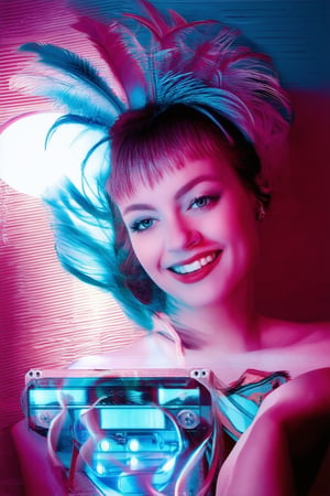 A neon-lit beauty shoots a sassy gaze from beneath a feathered bang, her porcelain complexion glowing under softbox lighting. A gleaming smile stretches across her face as she holds aloft a cassette tape, set against a bold graphic background of pink and blue stripes.