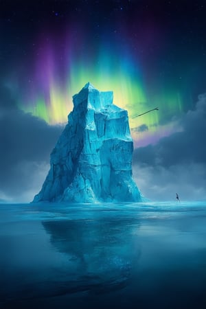 A mystical iceberg rises from a sea of shimmering mist, its crystalline facets glinting like diamonds under the soft glow of an aurora-lit sky. The frozen behemoth's rugged surface is scarred with ancient runes that seem to whisper secrets to the wind. In the distance, a lone dragonfly darts through the frosty air, its iridescent wings refracting the colors of the mystical horizon.