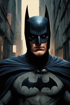 A dramatic close-up shot of Batman's masked face, illuminated by a faint moonlight in the dark Gotham City alleyway. The Caped Crusader's eyes gleam with determination as he surveys the crime-ridden landscape. His iconic suit is weathered and worn, reflecting the gritty tone of this DC Comics universe.