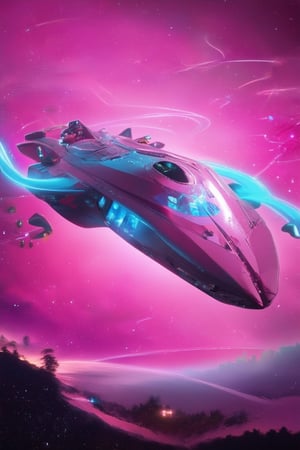 A futuristic 3D pink space scene: a sleek spaceship with neon-lit fins and gleaming metallic hull floats in mid-air against a vibrant pink background, surrounded by swirling starlight and wispy tendrils of cosmic energy. The ship's cockpit glows softly, casting a warm light on the tranquil pink landscape.