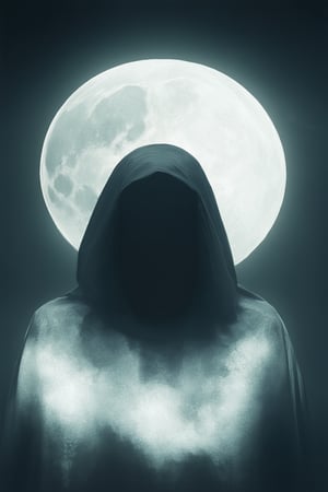 A mysterious figure shrouded in darkness, illuminated only by a faint crescent moon casting an eerie glow. The subject's face is obscured, yet their pose exudes a sense of allure and mystique, as if hiding secrets in the shadows.