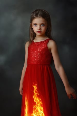 A stunning portrait of a young girl dressed in a flowing red dress, her skin glowing with an eerie golden light as she poses confidently against a dark, smoky backdrop. Her eyes blaze with a fierce inner intensity, reminiscent of a devil's fire. A subtle smirk plays on her lips, hinting at mischief and mayhem to come.