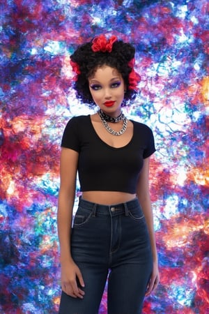 A vibrant 80s-inspired portrait of a stunning beauty, set against a bold backdrop of neon hues and retro patterns. She poses confidently, her curly hair styled in big volume with scrunchies, wearing a fitted band tee and high-waisted skinny jeans. A chunky chain necklace glimmers around her neck as she gives a sassy smile, her eyes lined with bright blue eyeliner and her lips painted a fiery shade of red.