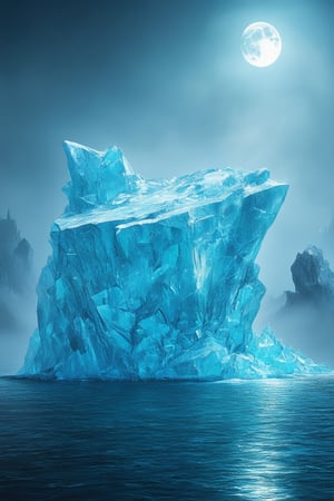 A majestic iceberg floats serenely in a mystical fantasy landscape, its crystalline structure glistening like diamonds under the soft, ethereal light of a full moon. The surrounding misty fog swirls with wispy tendrils, as if conjured by the iceberg's ancient power. In the distance, towering spires of crystal and jade rise, their facets glinting like shards of ice.