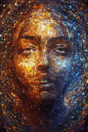 A vibrant, 3D rendered portrait of a person's face, surrounded by a kaleidoscope of colors, with swirling patterns and shapes blending together in harmony. The subject's features are brightened by a warm, golden light, highlighting the contours of their cheeks and nose. The background is a mesmerizing mosaic of tiny, shimmering pixels, adding depth and dimensionality to the image.