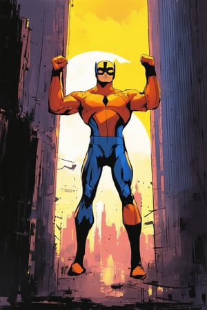 A vibrant comic book-inspired artwork featuring Marvel's iconic bright colors! A bold, dynamic composition with a bright yellow background radiates energy. In the foreground, a heroic figure in a stunning orange and blue costume stands heroically, fists raised in triumph. The lighting is dramatic, with bold shadows accentuating the subject's muscles. Framed by a cityscape at dusk, with towering skyscrapers and a sun setting behind the action.