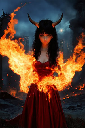 A dark-haired girl, dressed in a fiery red dress, stands defiantly, horns sprouting from her forehead as she gazes up at a blazing inferno. Flames dance across her face, casting an eerie glow on the scene. In the background, a cityscape smolders, ruins of civilization amidst demonic chaos.