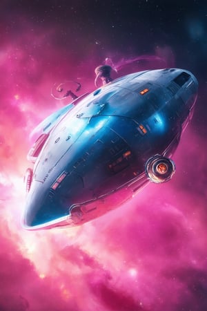 A futuristic spacecraft hovering in a vibrant pink nebula, with swirling tendrils of gas and dust illuminated by an otherworldly glow. The ship's metallic hull reflects the radiant hue, while stars and planetary fragments dot the cosmos beyond.