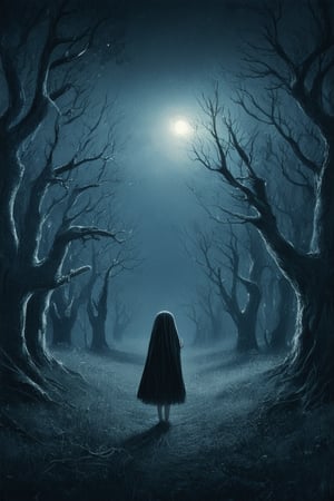 A midnight forest glade bathed in soft, eerie moonlight, where twisted tree branches stretch towards a darkened sky like skeletal fingers. A petite figure, shrouded in shadows, stands at the edge of the clearing, surrounded by an aura of mystery and secrecy.