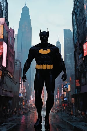 A dark and gritty cityscape at dusk, with towering skyscrapers and bustling streets. A figure emerges from the shadows, a iconic DC Comics superhero standing tall amidst the neon lights of Gotham City's nightmarish landscape. The hero's bold pose showcases their dynamic physique, with muscles rippling beneath their iconic costume.