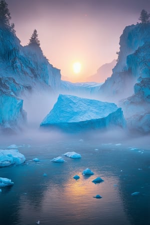 A mystical iceberg floats amidst swirling mists on a frozen lake's glassy surface, surrounded by towering ice cliffs and ancient trees. The sun dips low, casting an ethereal glow of shimmering blue and purple hues upon the glacier's rugged terrain, as wispy tendrils of fog curl around its icy peaks.