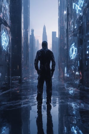 A futuristic cityscape at dusk, with holographic projections dancing across the darkened skyscrapers. The Holo Dyss logo shines bright on a giant screen, surrounded by swirling patterns of light and energy. In the foreground, a lone figure in a sleek black jumpsuit stands confidently, hands clasped behind their back, as if guarding the secrets of this cyberpunk metropolis.