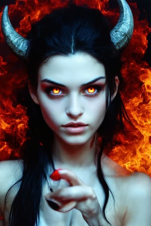 A dark-haired girl in a sultry pose, her eyes glowing like embers from hell, as she strikes a wicked smile amidst a swirling vortex of crimson smoke and flames. Her skin has an eerie sheen, illuminated by the fiery haze that surrounds her, while horns sprout from her forehead, framing her mischievous grin.