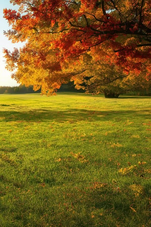 A warm autumn afternoon with vibrant orange and yellow leaves scattered across a lush green meadow, softly illuminated by gentle sunlight casting long shadows. A lone tree stands tall in the distance, its branches adorned with fiery red foliage. The air is crisp, carrying the scent of ripe fruits and woodsmoke.