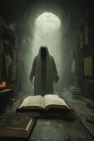 A cinematic shot of Logical Darkness unfolds before us. A figure, shrouded in shadows, stands amidst a dimly lit room with walls lined with ancient tomes and mysterious artifacts. The subject's face is obscured by the veil of darkness, their presence felt more than seen. The only light source comes from a faint, eerie glow emanating from the books, casting an otherworldly ambiance.