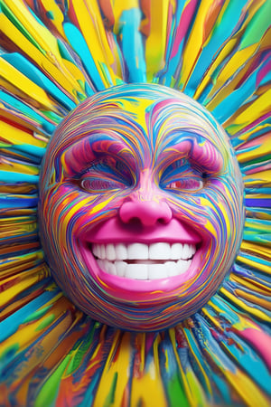 A vibrant 3D rendering of a smiling face, with swirling colors radiating from the eyes like sunbeams on a warm summer day. The cheekbones are slightly raised, giving the face a playful, mischievous tone. A burst of bright pink and yellow hues dance across the forehead, blending seamlessly into electric blue and green towards the temples.