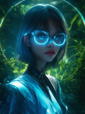 A cyberpunk princess gazes wistfully into the distance, her clear neon glasses aglow with a soft blue hue. Set against a lush, verdant backdrop, she's framed by the golden ratio, with intricate details and decadent textures on her outfit and environment. The lighting is masterful, with subtle light leaks and subsurface scattering creating a sense of depth. Her eyes are pools of warmth, with detailed pupils and lashes that seem to sparkle. The rim light adds a touch of drama, while the vibrant complementary colors pop against the muted tones. The overall effect is a stunning UHD masterpiece that exudes heartwarming charm.