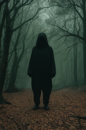 A dimly lit, eerie forest at dusk. A figure stands motionless in the shadows, shrouded in an aura of mystery. The only sound is the soft crunch of leaves and snapping twigs underfoot. Fog creeps in, veiling the subject's face, as darkness slowly closes in.