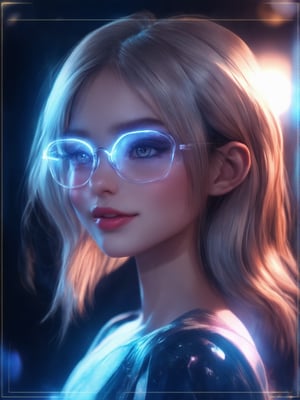 A cyberpunk girl with clear neon glasses gazes confidently into the distance, framed by a golden ratio composition. The smooth, intricate details of her face are rendered in sharp focus, surrounded by decadent, highly detailed digital painting. Octane render brings to life the ever after high fantasy world, as if illuminated by light leaks and subsurface scattering. Rim light highlights her features, set against a deep, vibrant background with beautiful shading. UHD quality ensures every detail is masterfully crafted, from her charming smile to her captivating eyes.