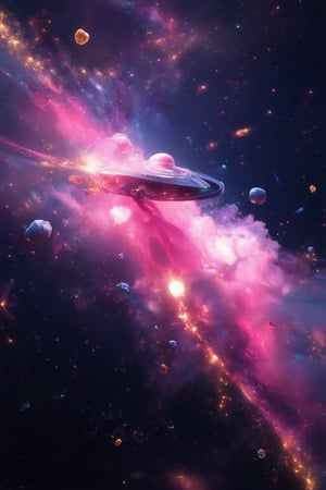 Vibrant pink hues engulf a futuristic 3D galaxy, with swirling clouds of iridescent gas and starlight-dusted asteroids suspended against a deep indigo background. A sleek spaceship, its metallic body glistening like polished rose quartz, navigates through the cosmos with a trail of fiery sparks.